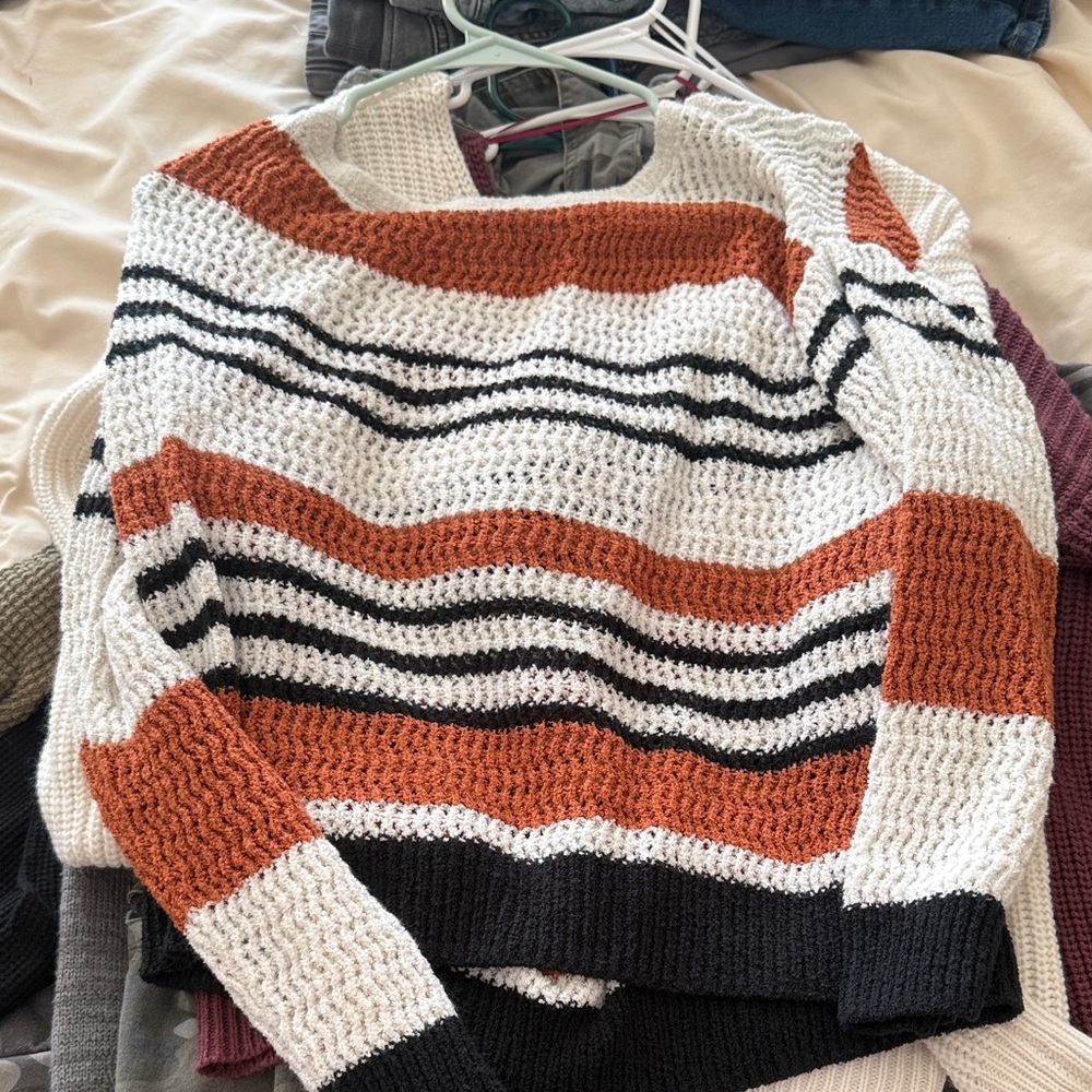Striped Knit Sweater - White, Black, and Brown